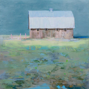A blue and green abstract landscape painting with a brown barn.