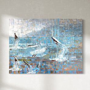 A painting on recycled metal print plates depicting seagulls in flight is hung on a gallery wall.