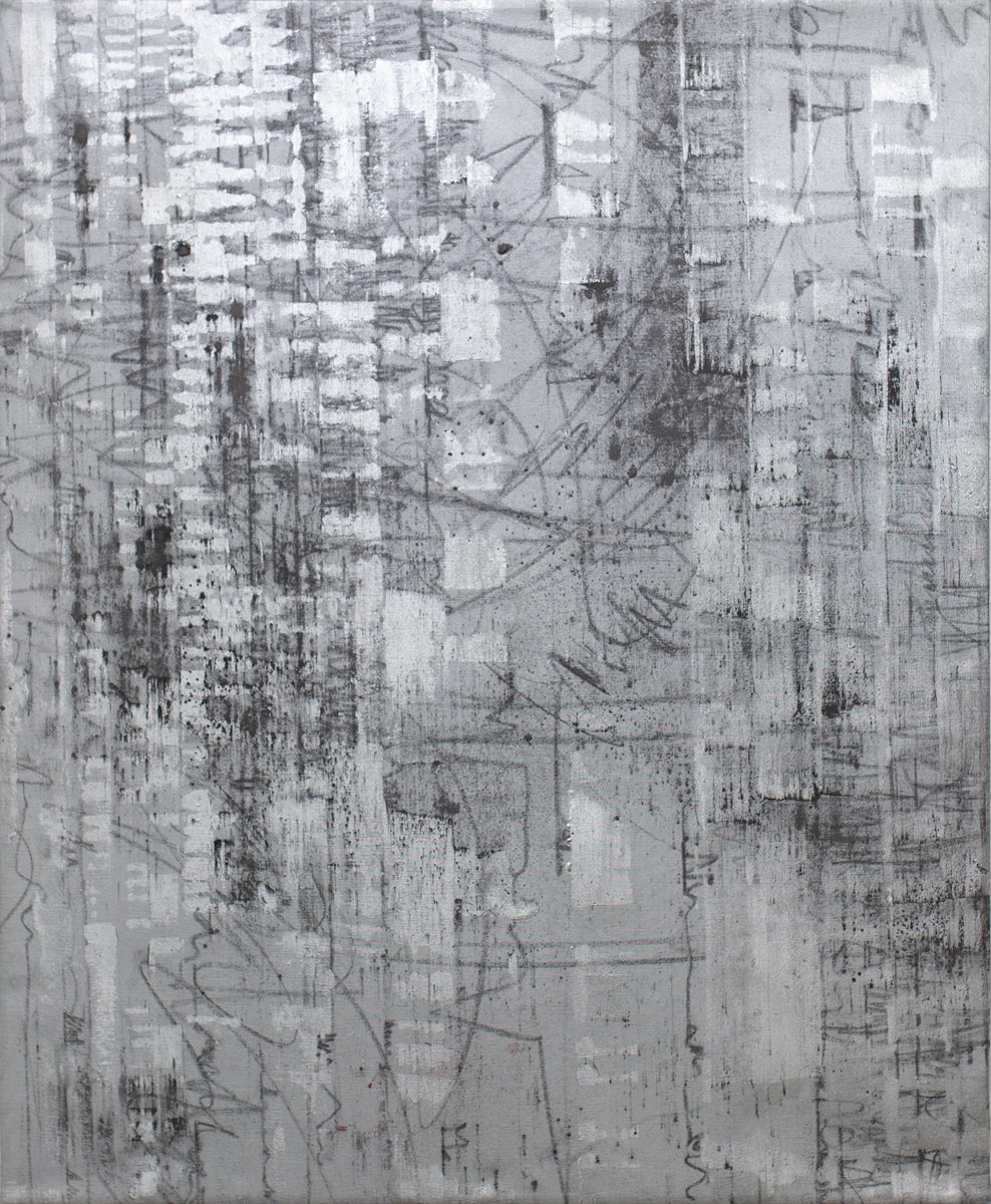 A black and silver abstract painting by Ned Martin.