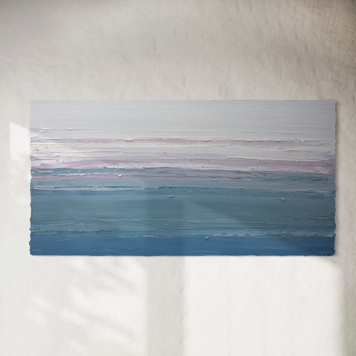 Abstract painting with horizontal brush strokes in blue and purple on a white wall.