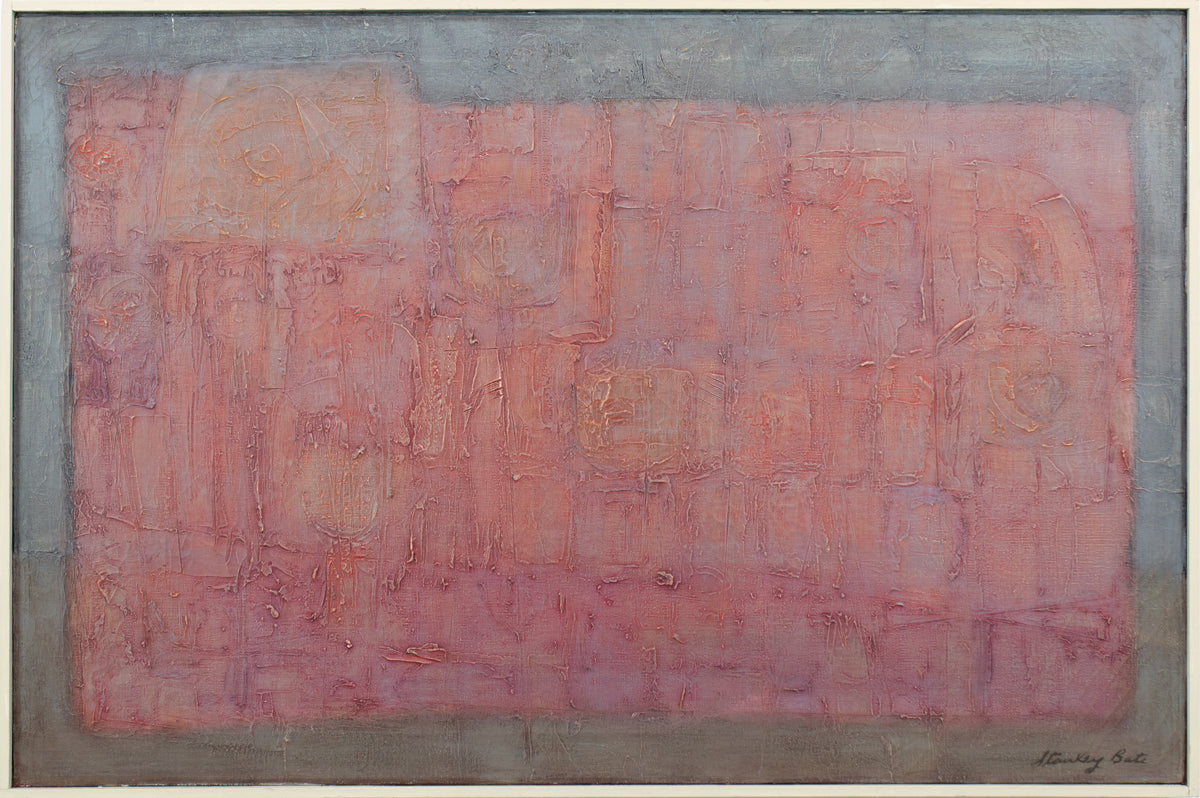 A red and grey abstract painting by Stanley Bate in a white frame. 