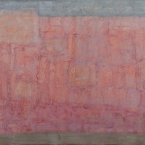 An abstract red and grey painting by Stanley Bate. 