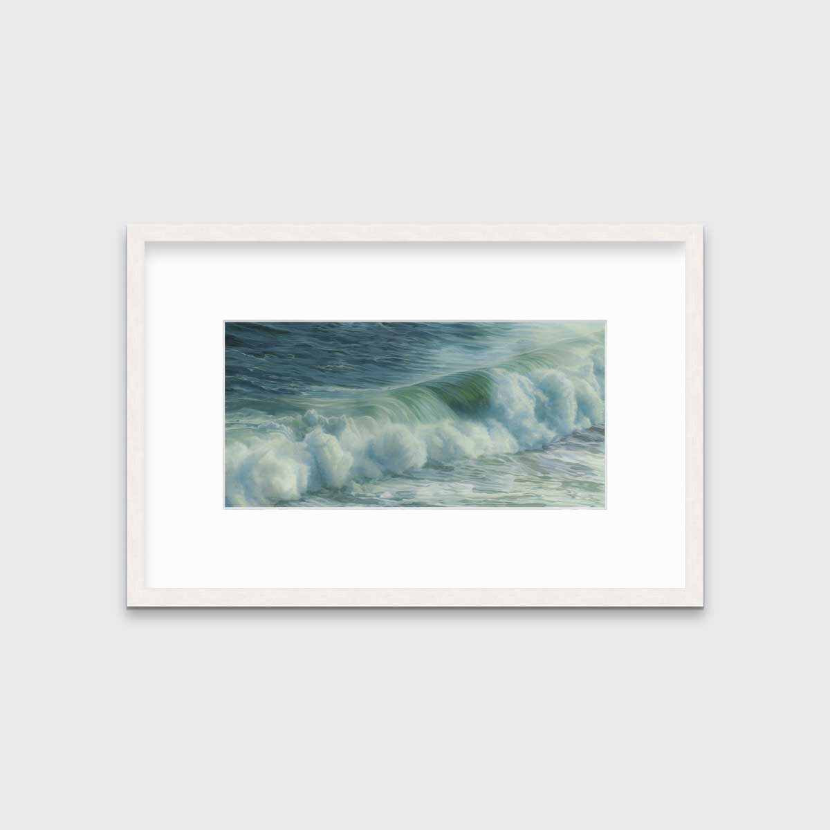 A blue, teal, white and light green abstract water wave print in a whitewashed frame with a mat hangs on a white wall.