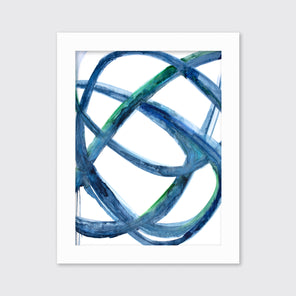A blue, green and white abstract print in an unmatted white frame hangs on a white wall.