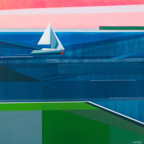 A geometric abstract painting of a boat out on the water.