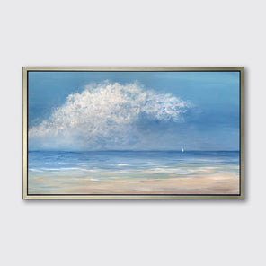 A painting of a contemporary seascape with one loan sailboat hangs on a wall in a silver floater frame.