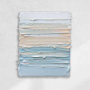 A white, orange sherbet, and teal blue thick textured painting on a white wall in natural light by Teodora Guererra.