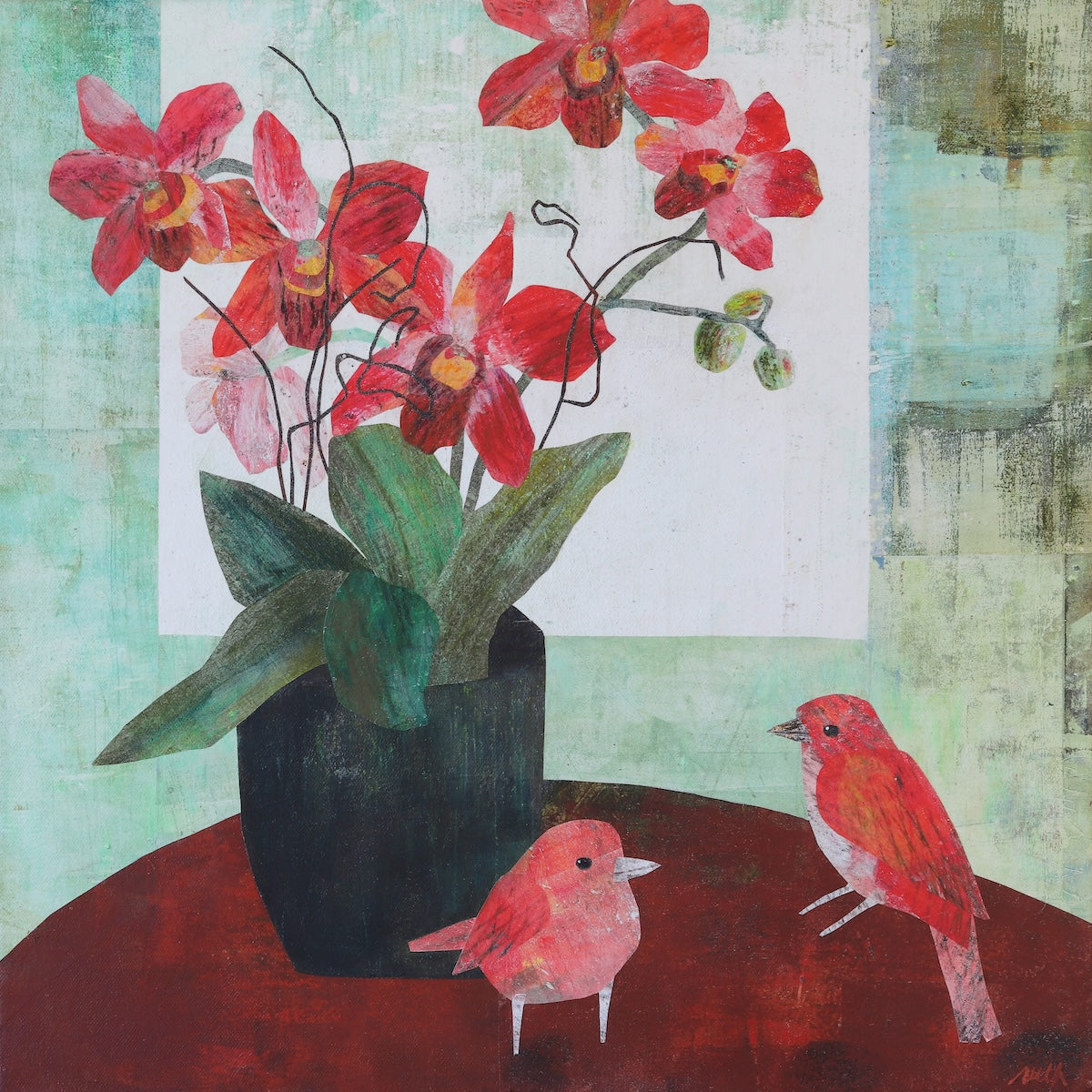 A textured collage painting of a vibrant red and pink orchid flower arrangement in a dark vase, set on a dark red table against a light teal and green background with two small red birds.