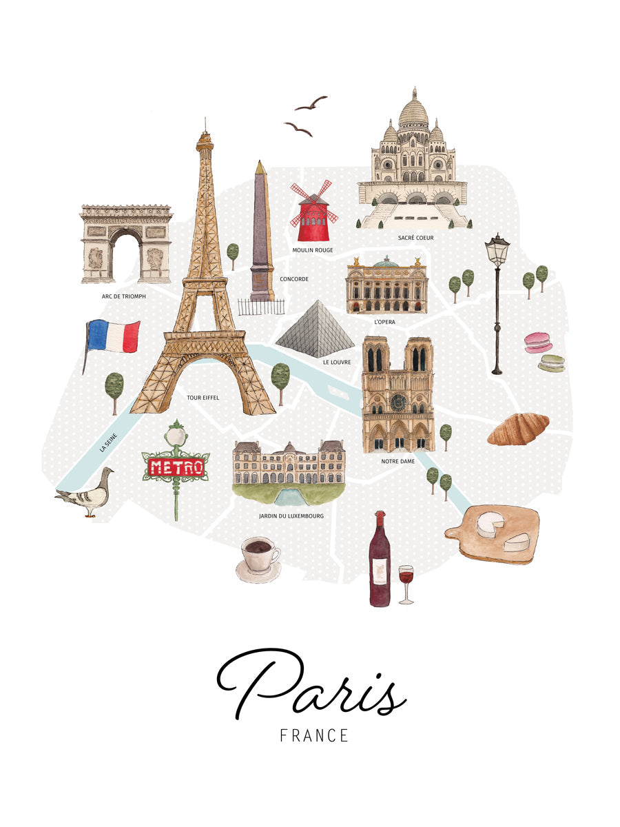 A multicolored map print of Paris, France with the famous landmarks by Laerta Premto.