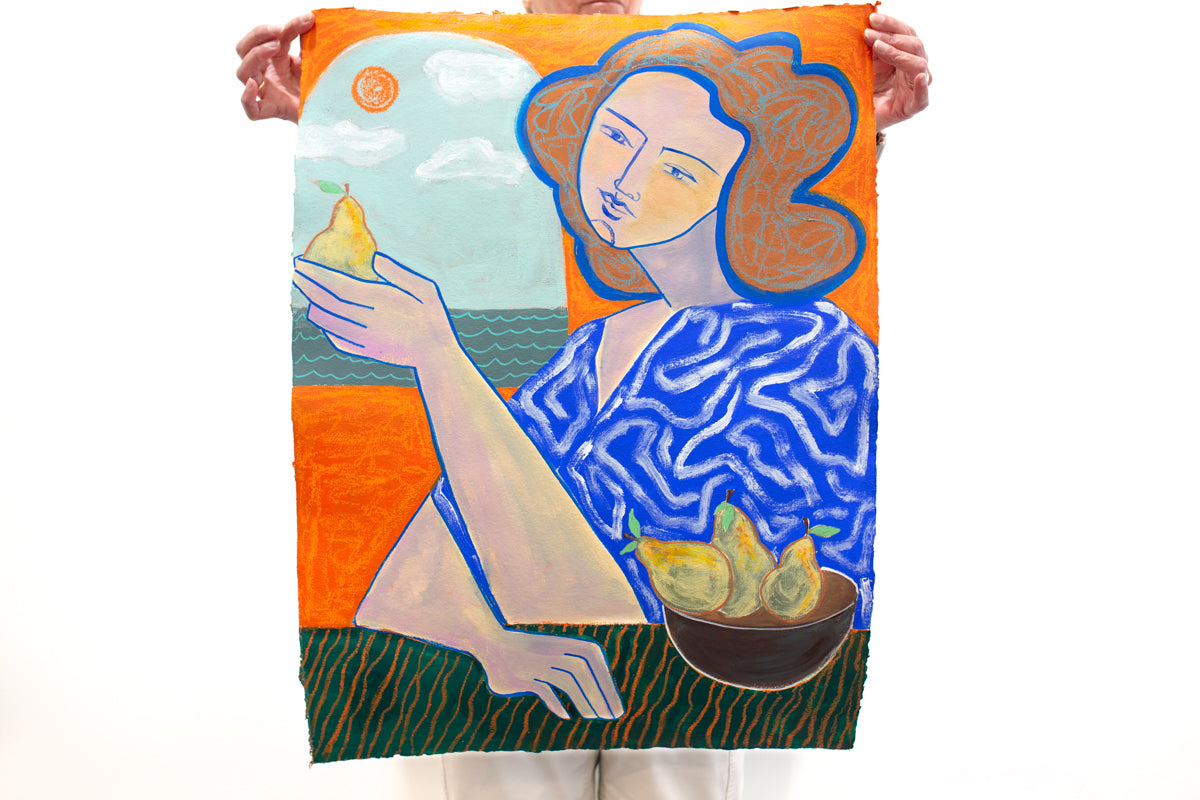 A person holds a blue and orange abstracted figural painting in front of a white wall. 