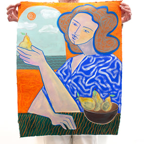 A person holds a blue and orange abstracted figural painting in front of a white wall. 