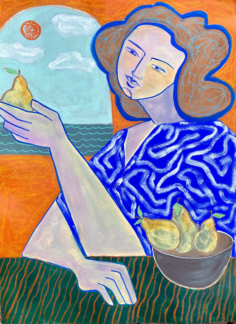 A painting of a blue and orange abstracted figural painting in which a woman holds a pear. 