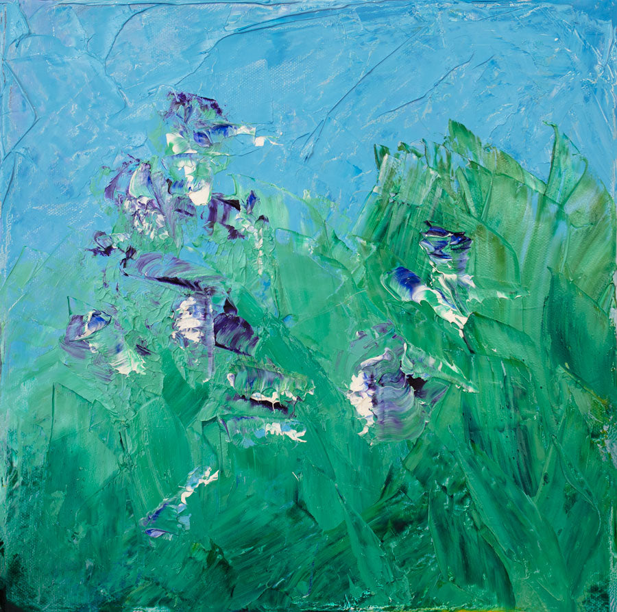 A blue, green, purple and white abstract landscape print by Teodora Guererra.