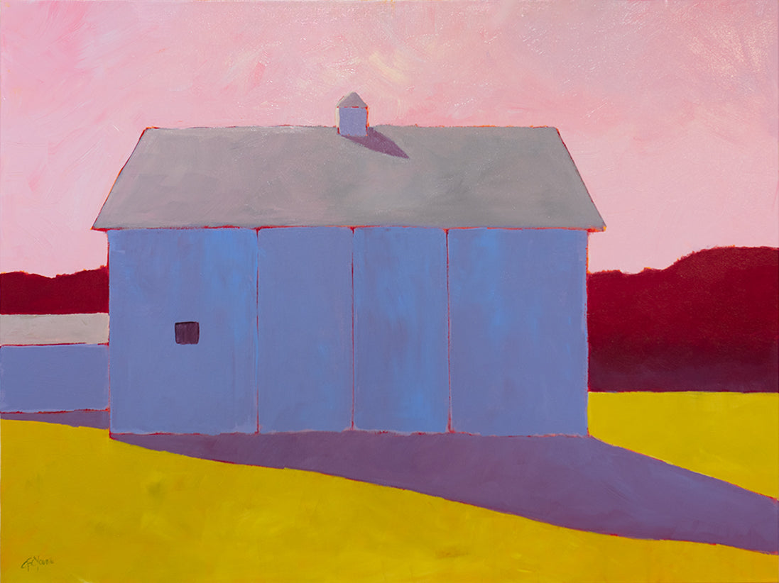 A warm-toned colorful landscape painting of a barn. 