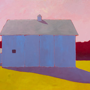 A warm-toned colorful landscape painting of a barn. 