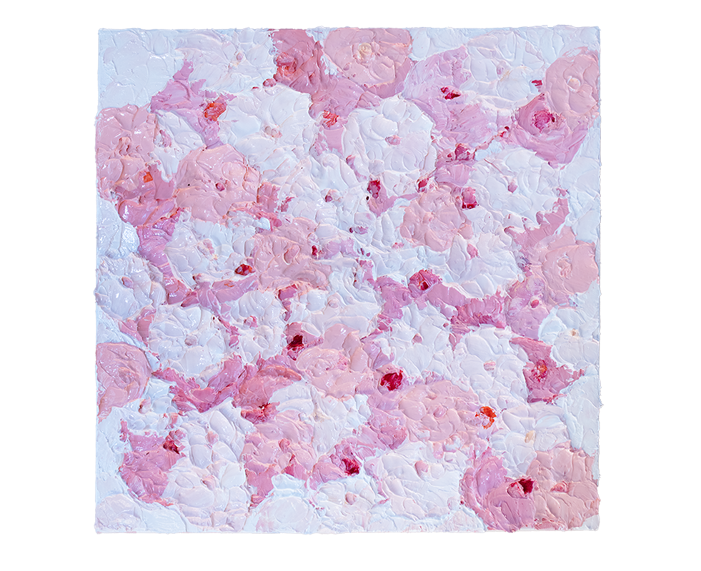 A close up of a very textured abstract painting with white background and circle type abstract flowers in pink and white hangs on a white wall.