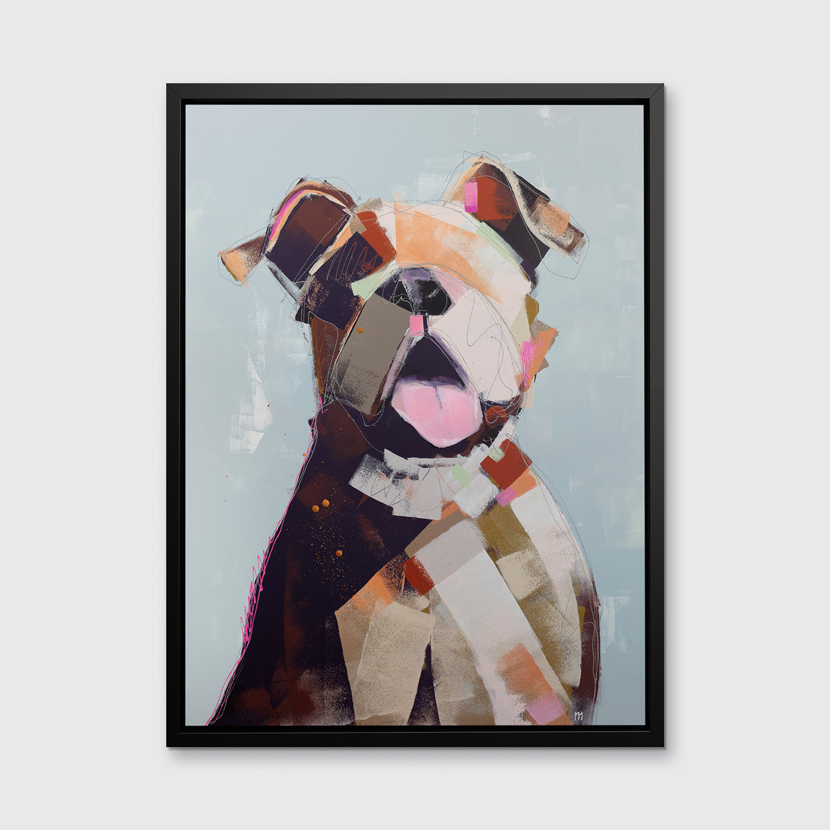 A light blue, orange, brown, pink and navy abstracted dog print in a black floater frame hangs on a white wall.