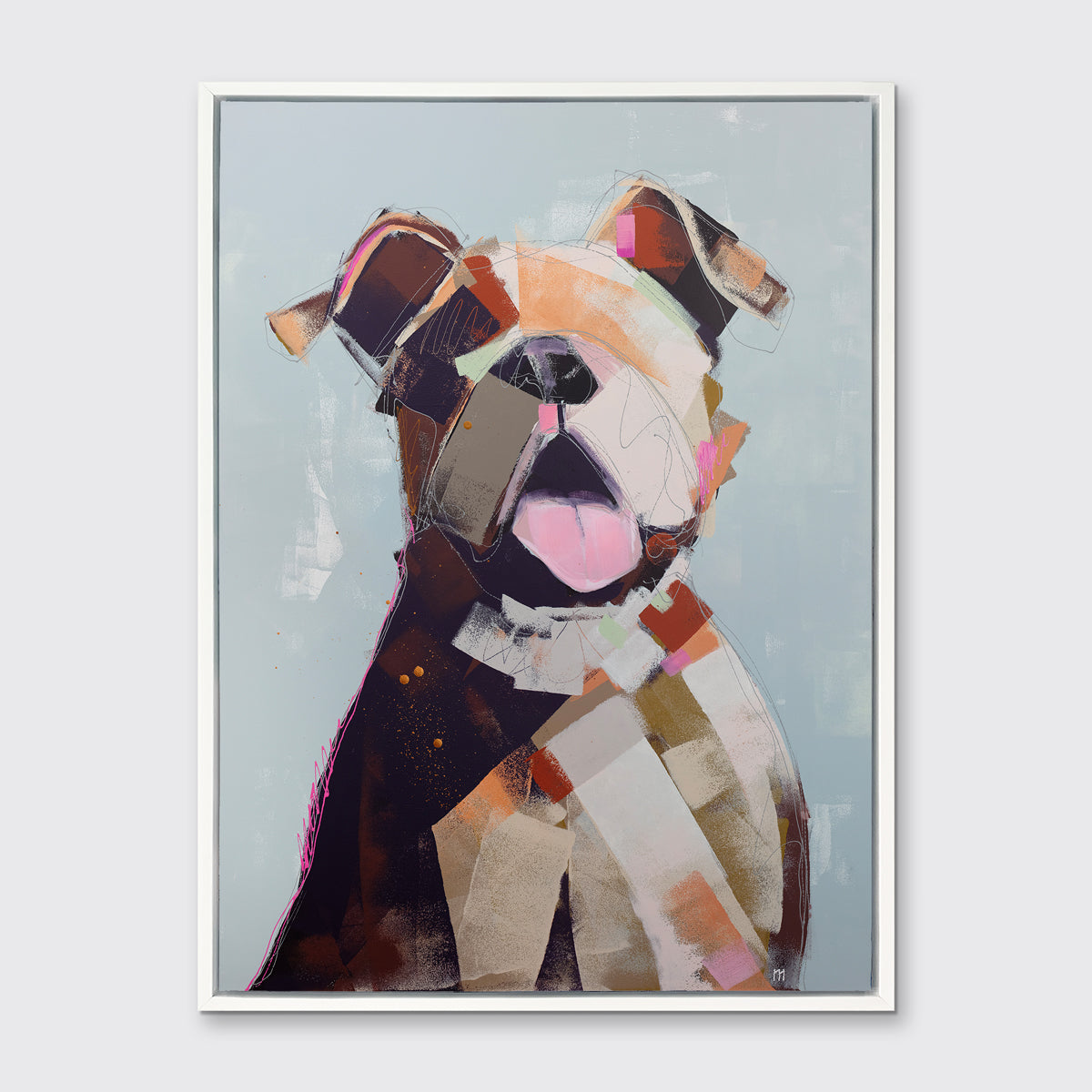 A light blue, orange, brown, pink and navy abstracted dog print in a white floater frame hangs on a white wall.