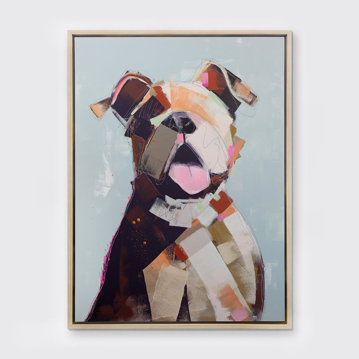 A light blue, orange, brown, pink and navy abstracted dog print in a white oak wood floater frame hangs on a white wall.