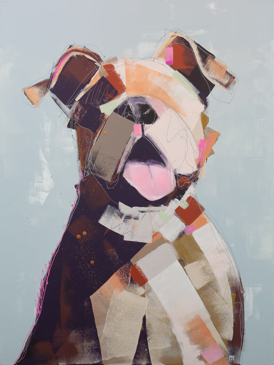 An abstracted painting of a pit bull from the shoulders up by Russell Miyaki. 