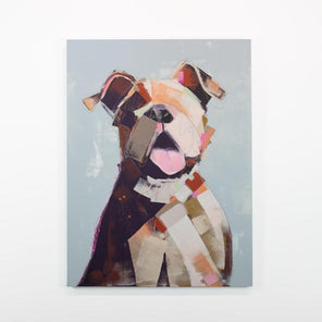 A warm neutral abstracted painting of a pitbull dog hangs on a white wall. 