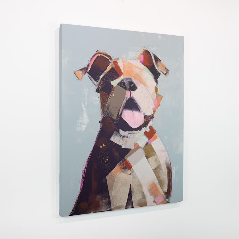 A warm neutral abstracted painting of a pitbull dog hangs on a white wall.