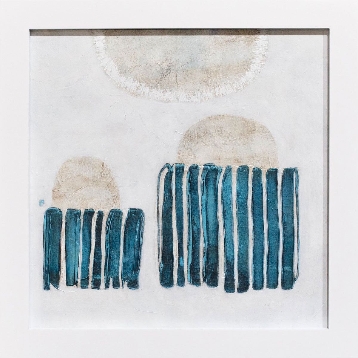 A blue, white, and beige abstract painting framed in a white frame.