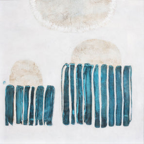 An abstract blue, beige, and white painting by Sofie Swann.