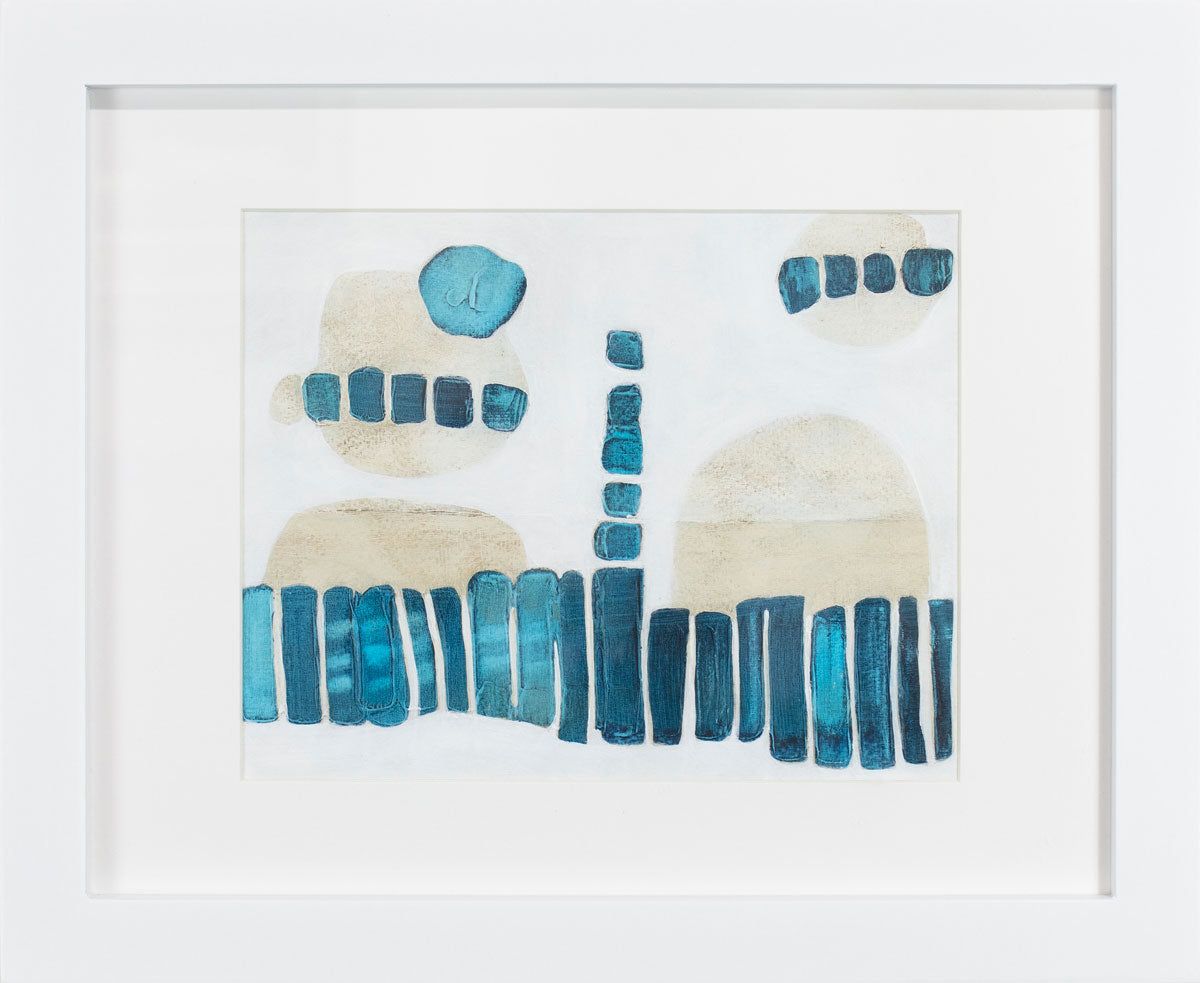 A blue, beige, and white abstract painting in a white frame. 