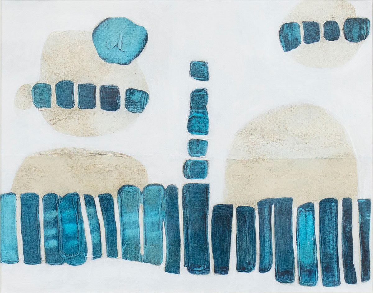 A blue, beige, and white abstract painting by Sofie Swann.