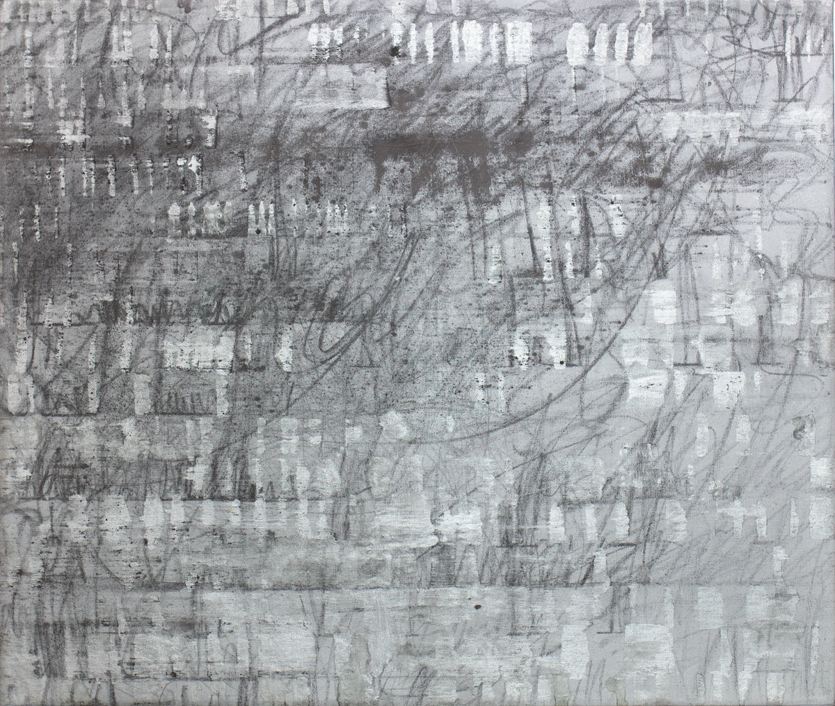 A black and silver abstract painting by Ned Martin. 