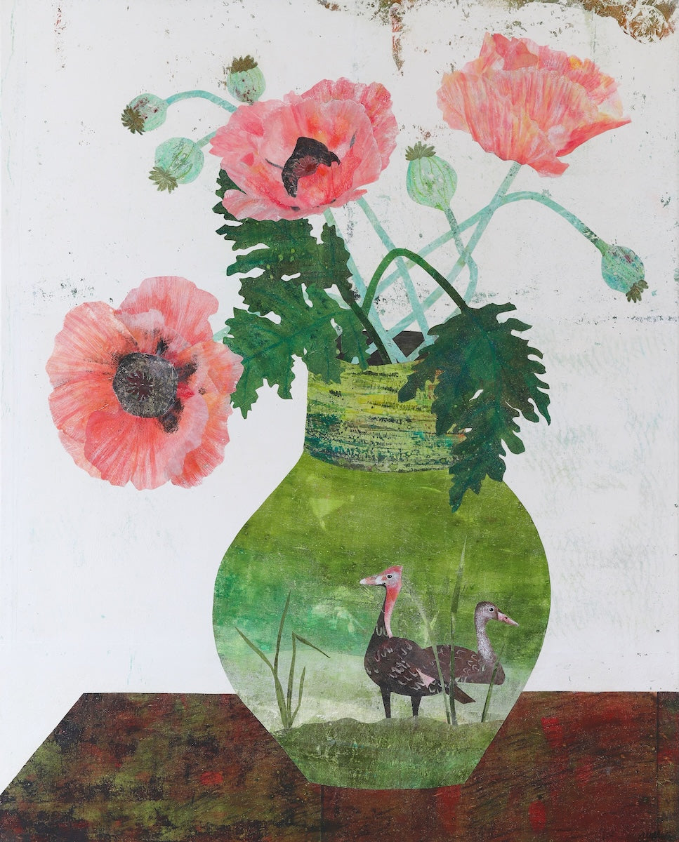 A still life collage featuring pink poppy flowers and green leaves in a green vase with a bird motif, set against a white background with a brown surface at the bottom.