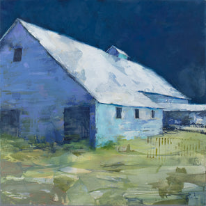 A blue and green contemporary landscape painting of a barn. 