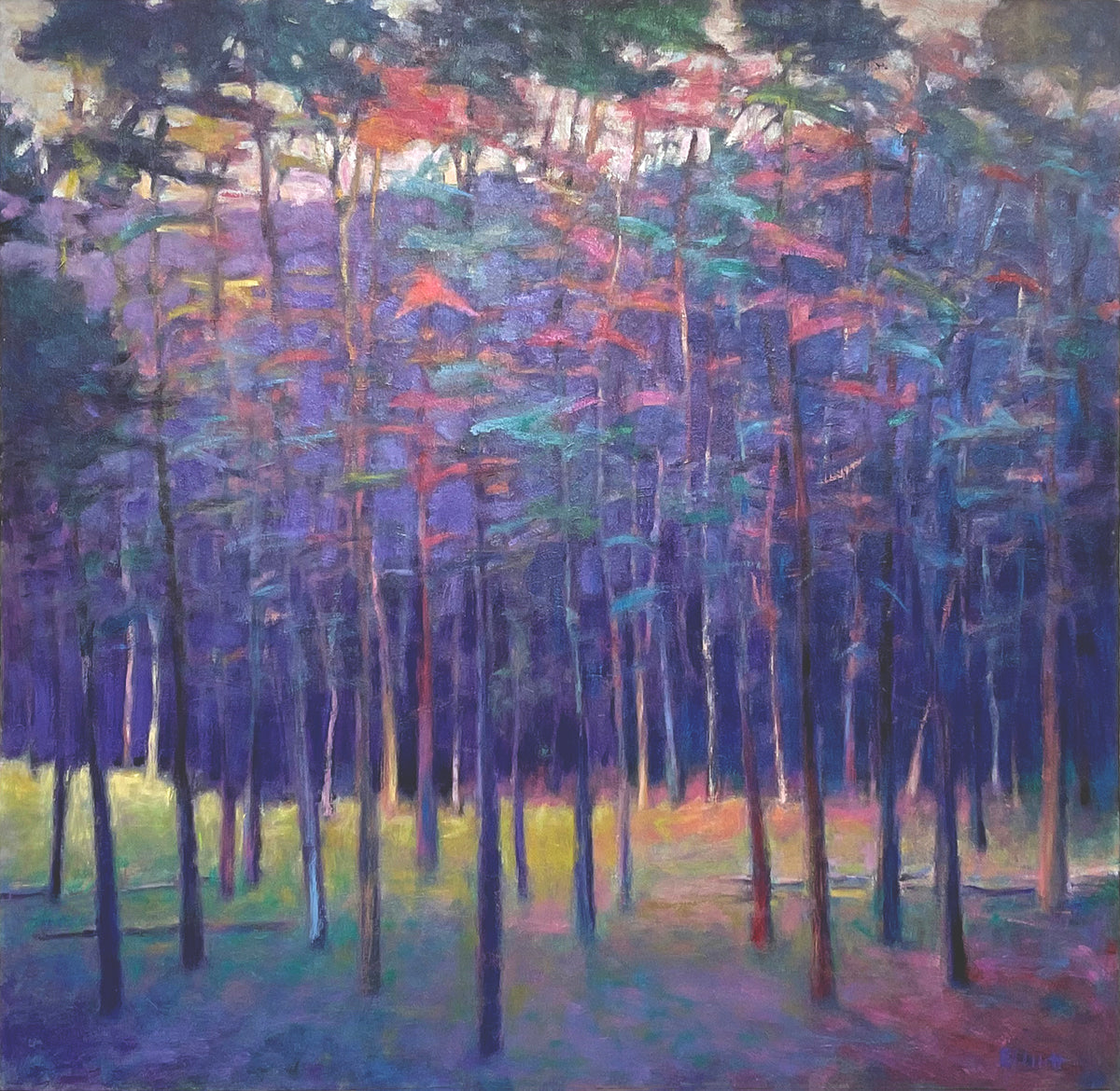 Colorful forest painting with tall trees and a soft focus