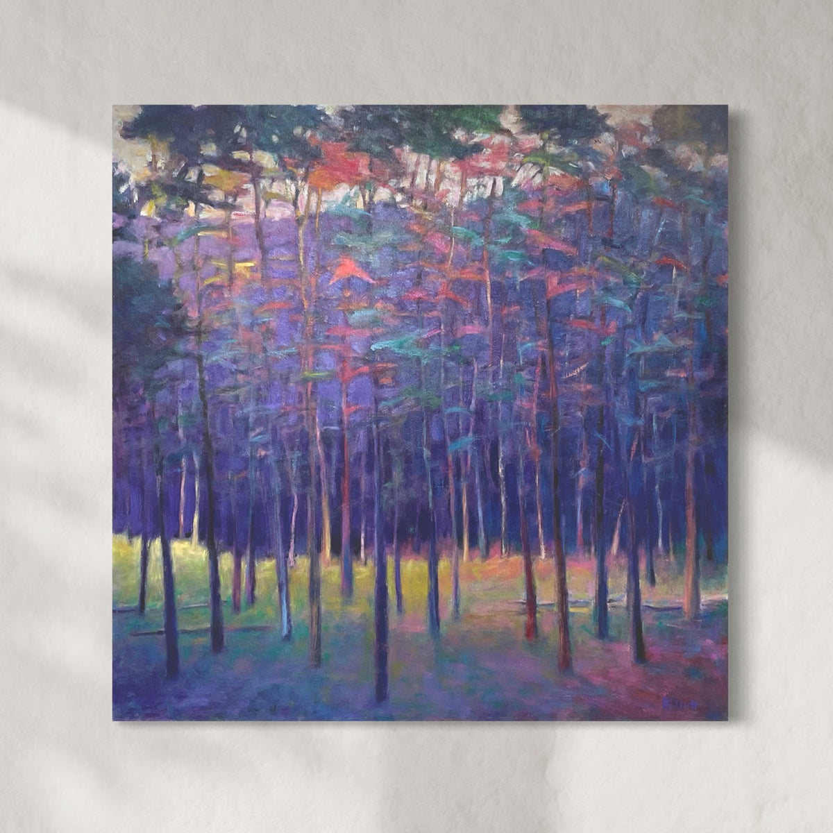 Colorful forest painting on a textured gray background