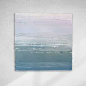 A teal blue, teal green, lavender and pale lavender textured abstract painting by Teodora Guererra hangs on a white wall.