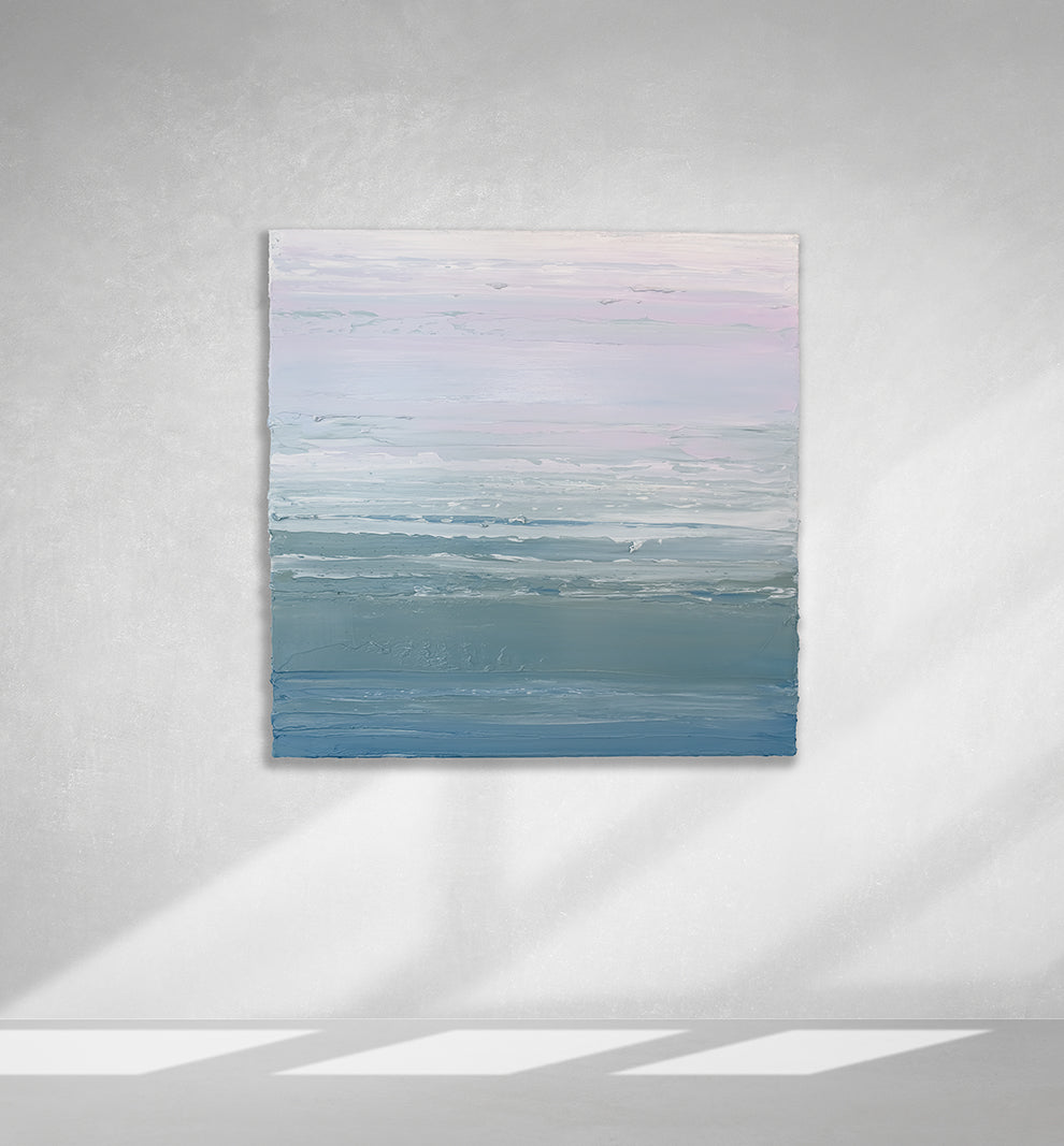 A teal blue, teal green, lavender and pale lavender textured abstract painting by Teodora Guererra hangs on a white wall.