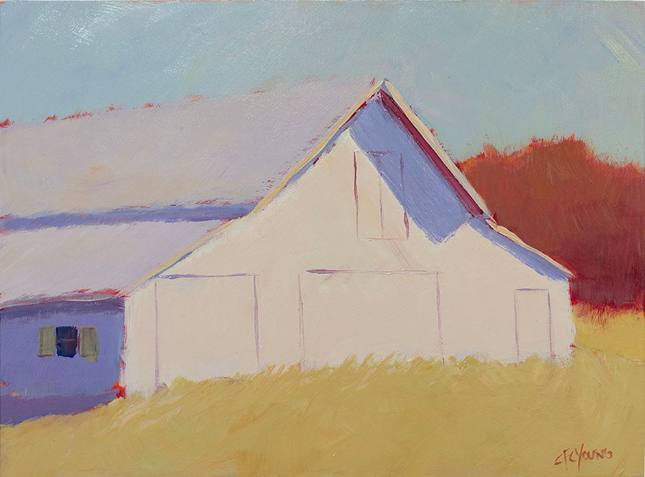 A landscape painting of a barn by Carol Young. 
