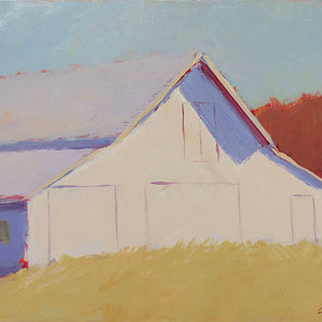 A landscape painting of a barn by Carol Young. 