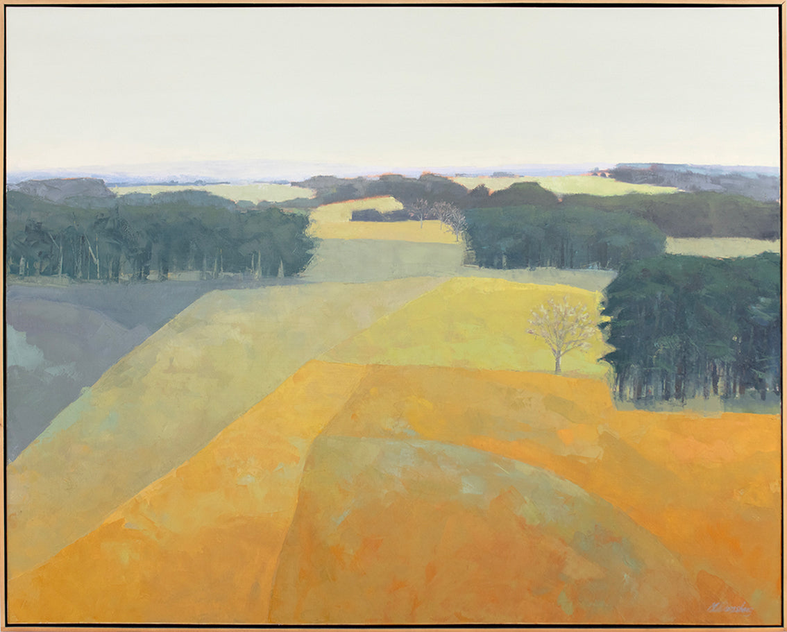 A framed yellow and green abstracted landscape painting by Molly Doe Wensberg. 