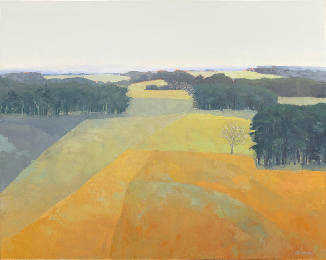 A yellow and green landscape painting of a field by Molly Doe Wensberg. 