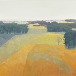 A yellow and green landscape painting of a field by Molly Doe Wensberg. 