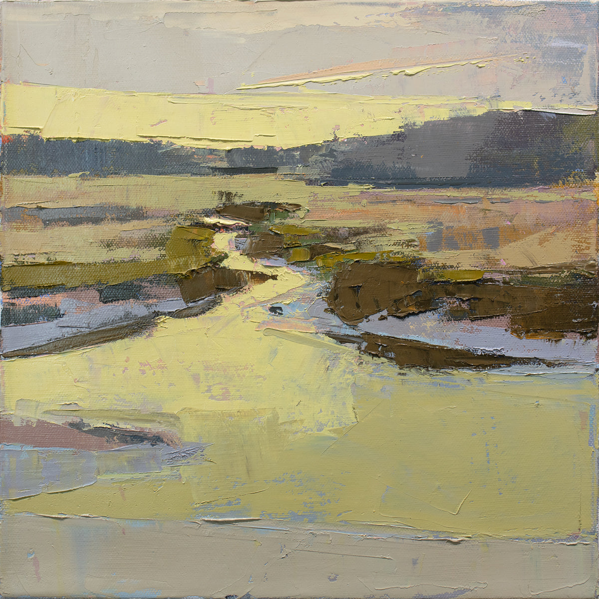 A textured abstracted landscape painting by Bri Custer. 