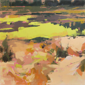 An orange and yellow abstracted landscape painting. 