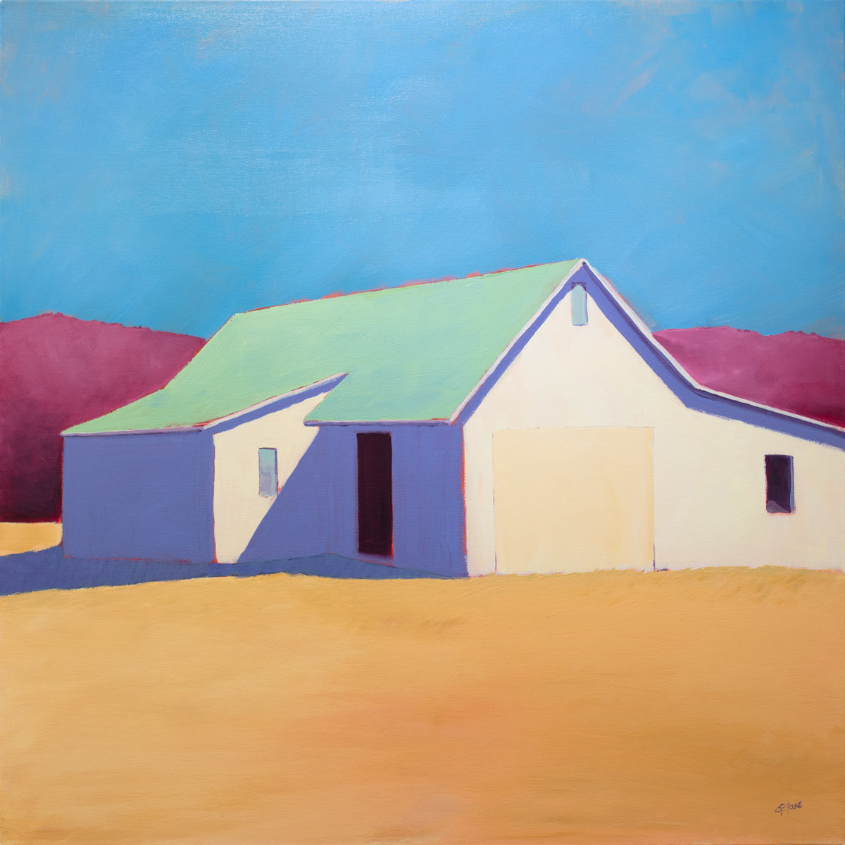 A landscape painting of a white barn with a sea-foam green roof, blue sky, raspberry tree line and a goldenrod foreground by Carol Young.