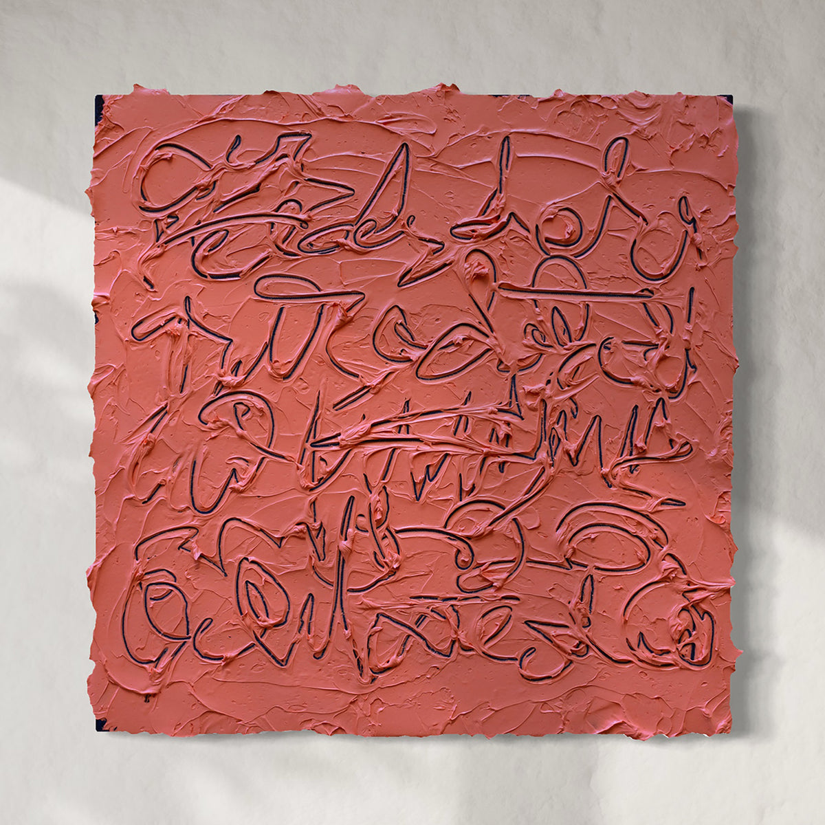 An abstract square canvas painting featuring textured Arabic calligraphy in dark brown lines over a terracotta red background, mounted on a light gray wall.