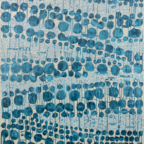 A blue and beige abstract painting composed of blue shapes.  by Sofie Swann.