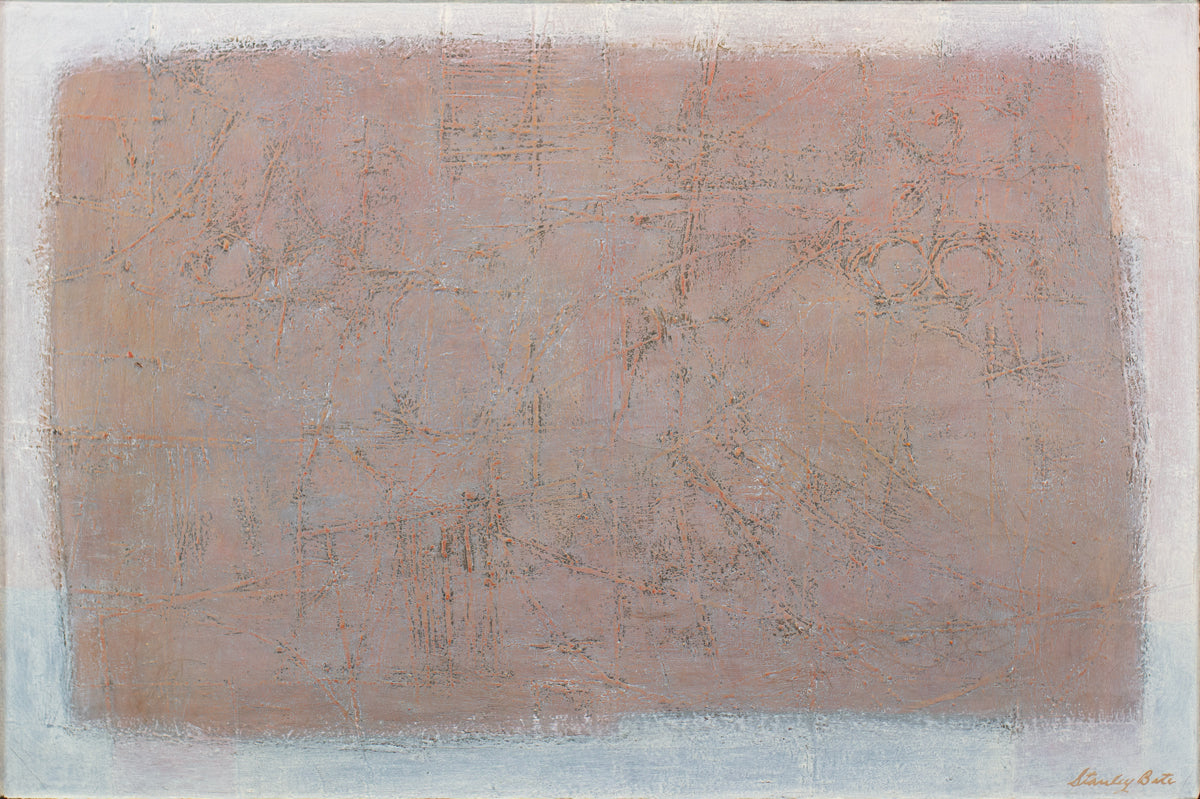 A white and light pink abstract painting by Stanley Bate. 