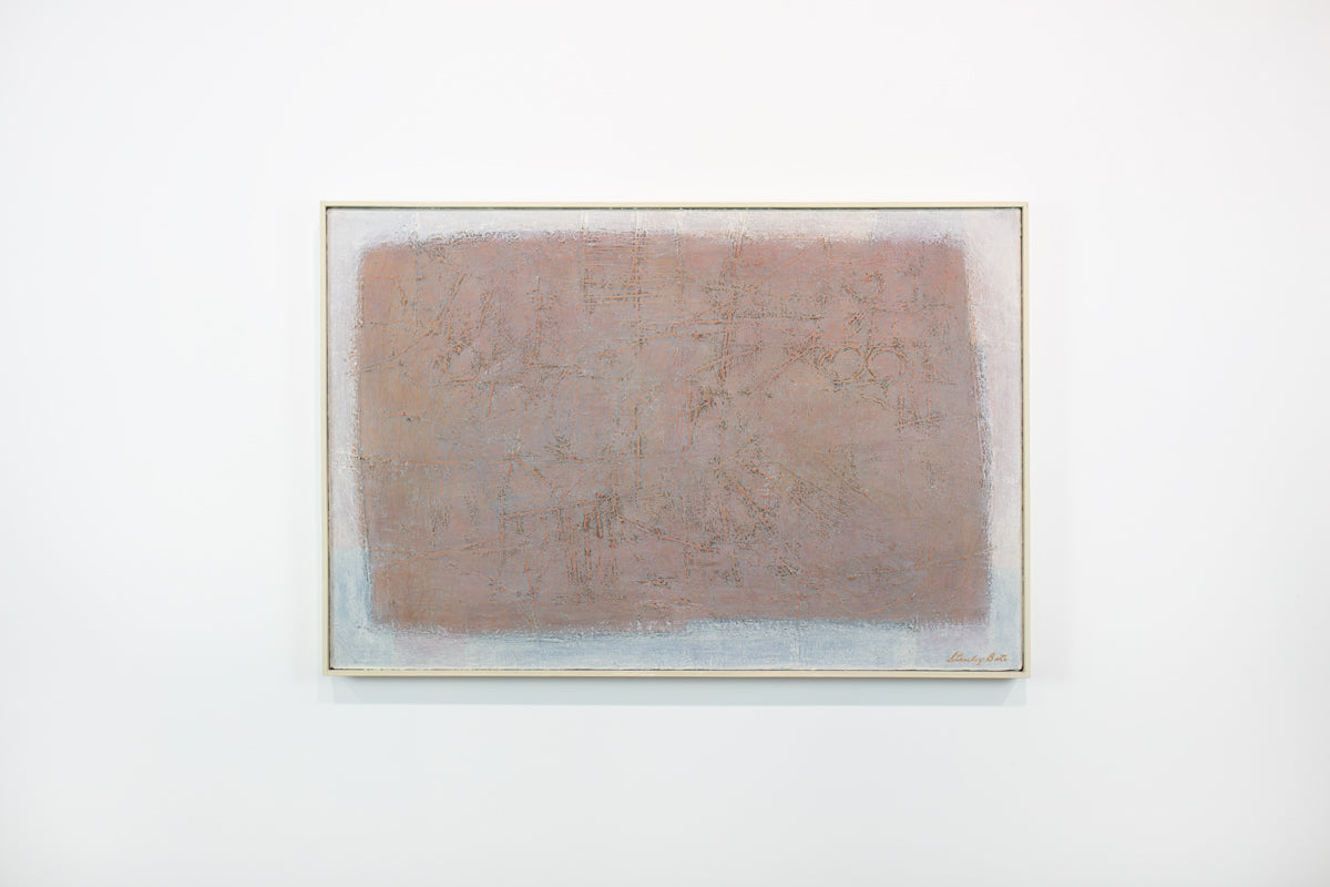 A framed white and light link abstract painting hangs on a white wall. 