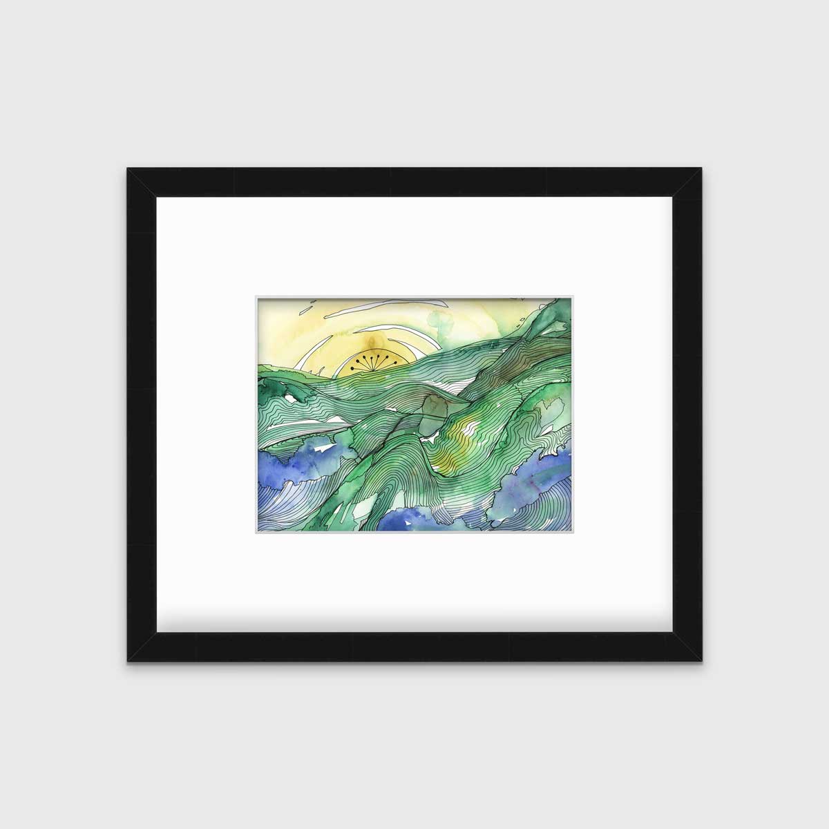 A yellow and green landscape illustration print framed in a black frame with a mat hangs on a white wall.